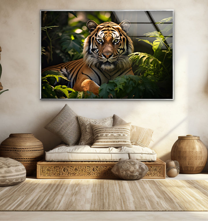 Majestätische Tiger-Wandkunst – Dschungel-Wildtier-Glasdruck-Dekor 