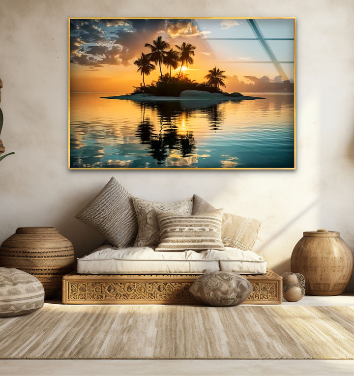 Tropical Island Sunset Wall Art – Serene Beach Glass Print for Relaxing Interiors