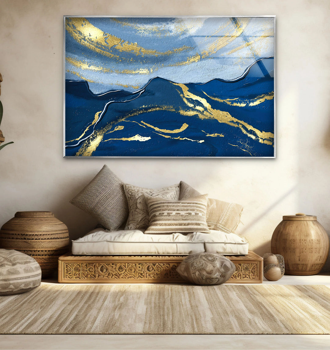 Navy Blue and Gold Abstract Landscape Wall Art – Elegant Glass Print for Modern Living Spaces - MyPhotoStation