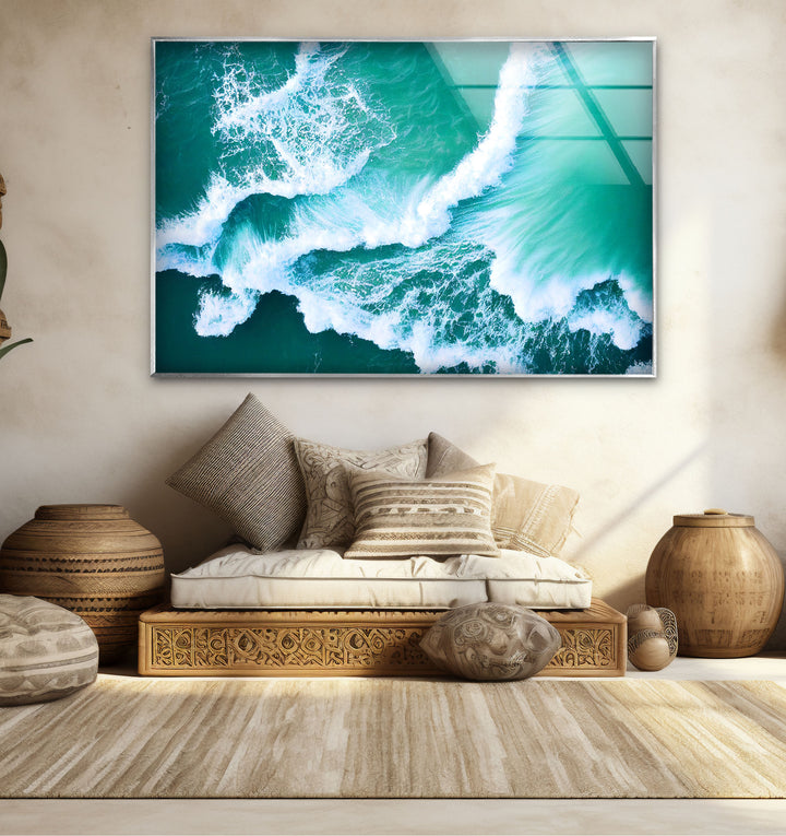 Ocean Wave Aerial Wall Art – Turquoise Sea Glass Print for Modern Decor