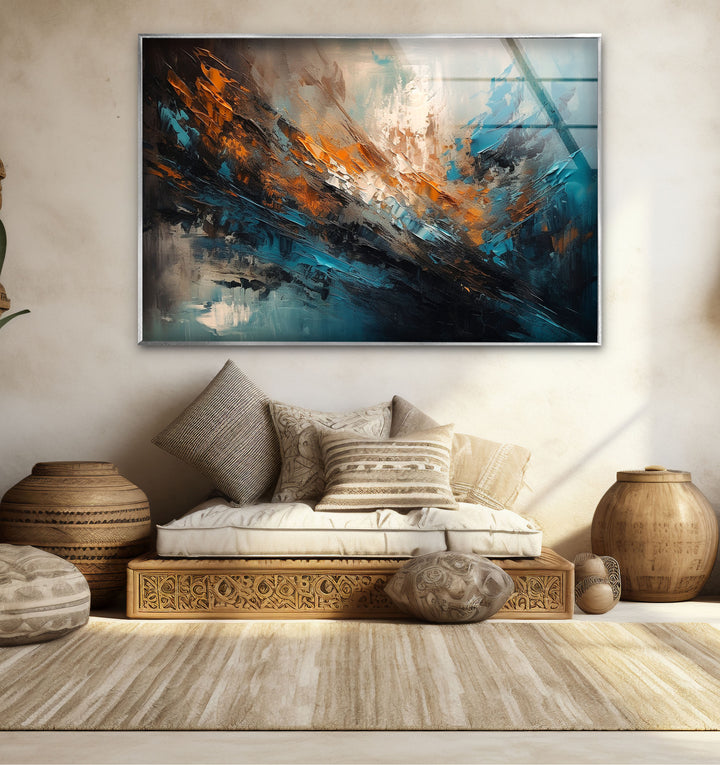 Modern Abstract Brushstroke Glass Wall Art – Teal and Copper Splash Print