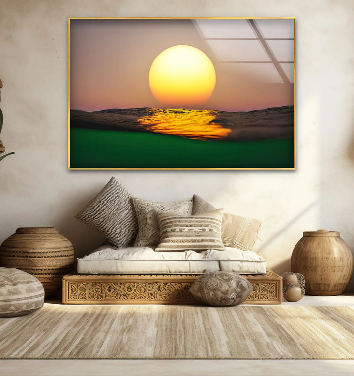 Golden Ocean Sunset Wall Art – Minimalist Sun over Water Glass Print for Modern Spaces - MyPhotoStation