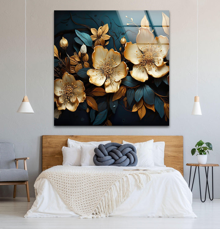 Gold & Blue Botanical Glass Wall Art picture on glass wall art, photos printed on glass
