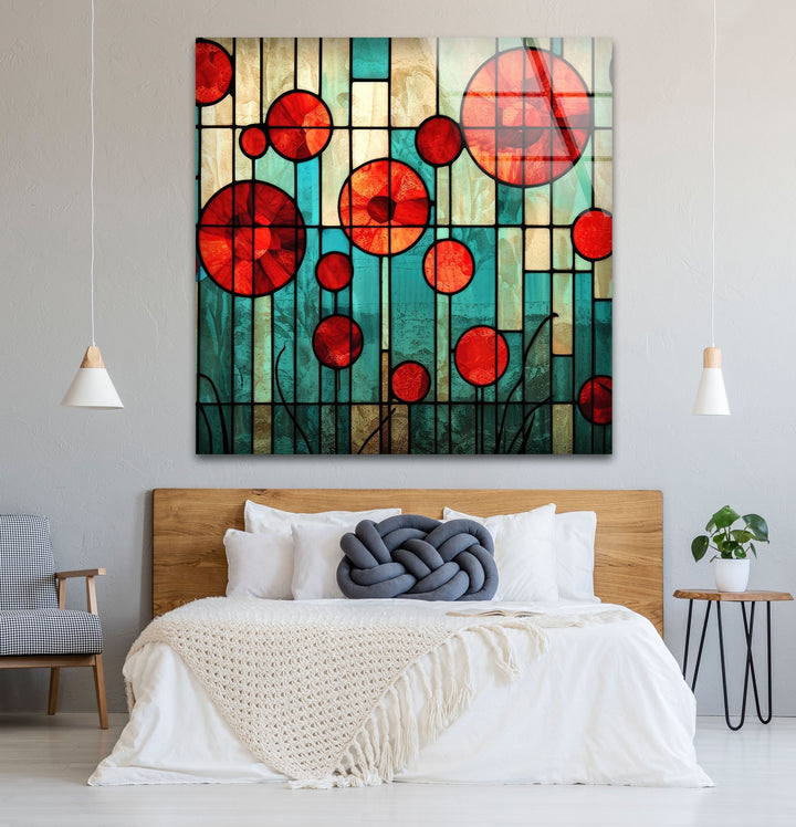 Stained Red Circles Glass Wall Art picture on glass wall art, photos printed on glass
