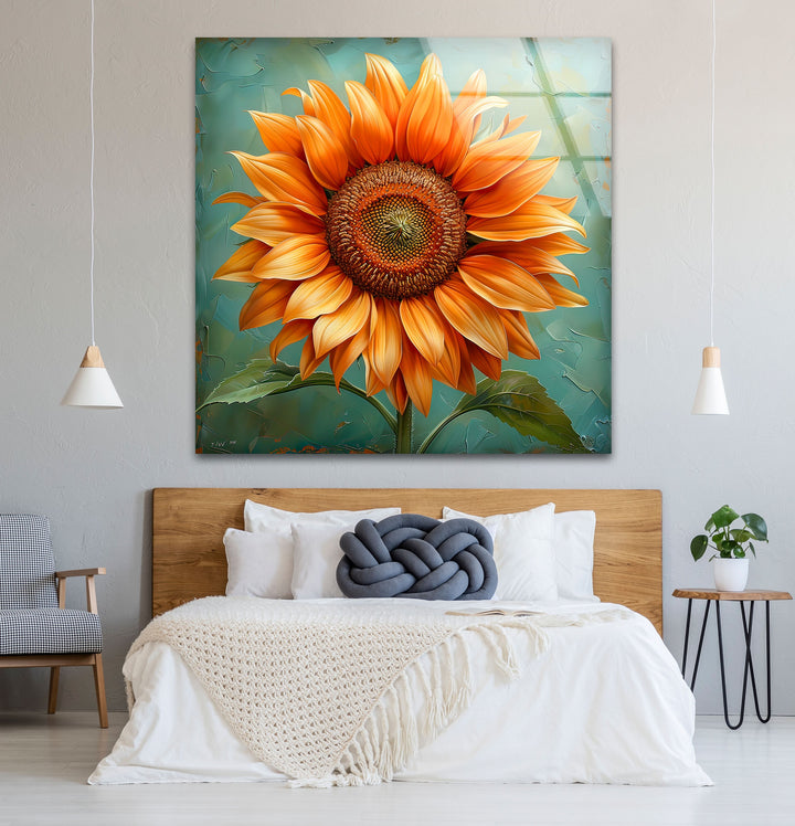 Oil Painting Orange Sunflower Glass Wall Art Glass Printing Wall Art, Print photos on glass
