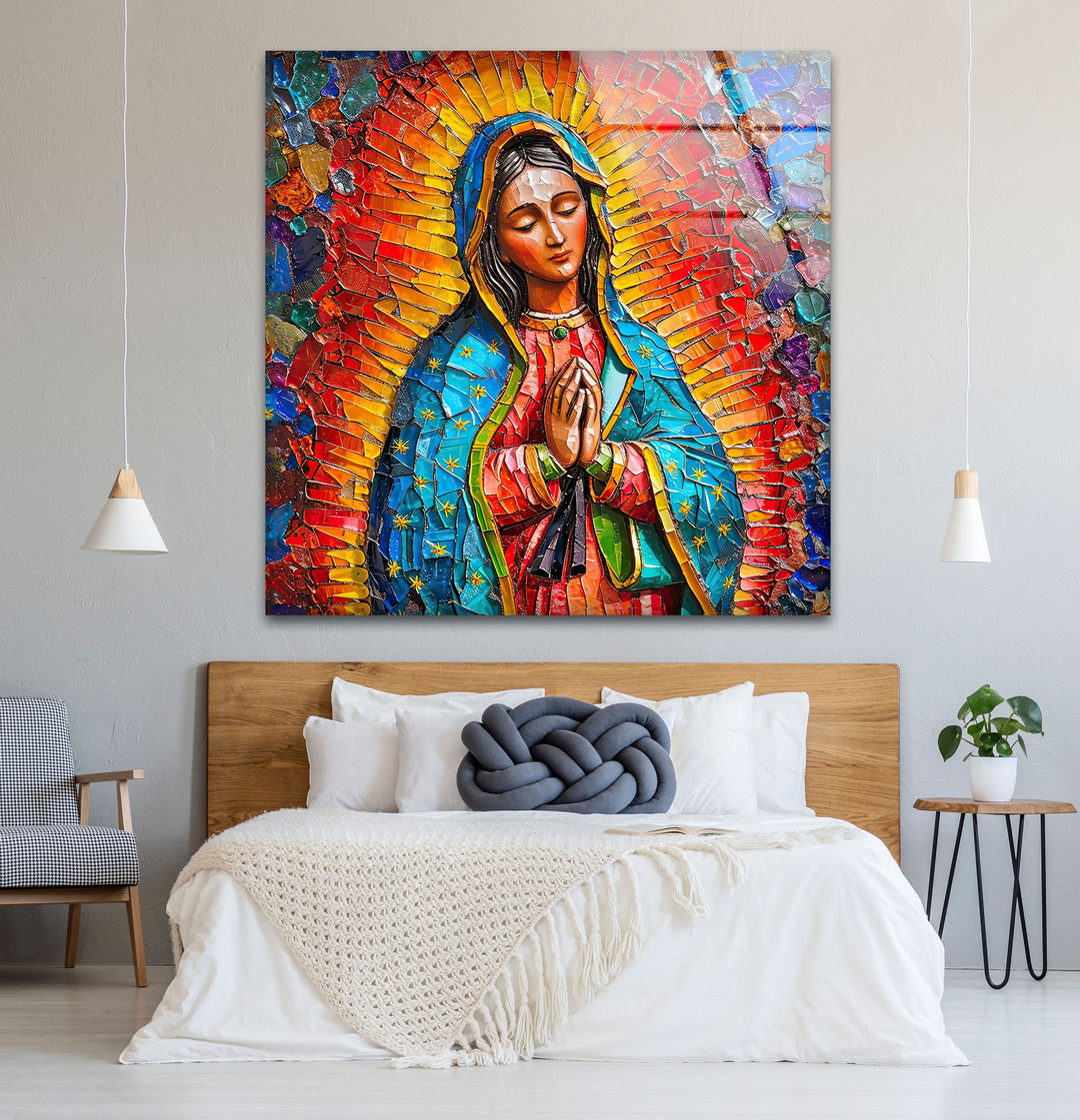 The radiant, shattered glass pieces of this religious hanging wall art create a dynamic outward flow, giving a strong sense of movement.