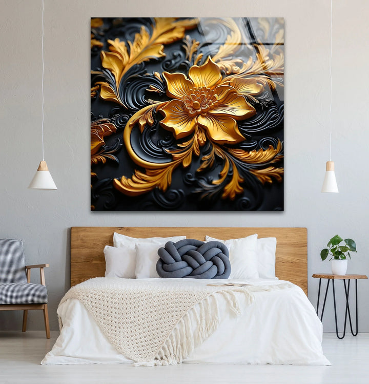 Botanical Gold & Black Flower Glass Wall Art glass art painting, glass art for the Wall
