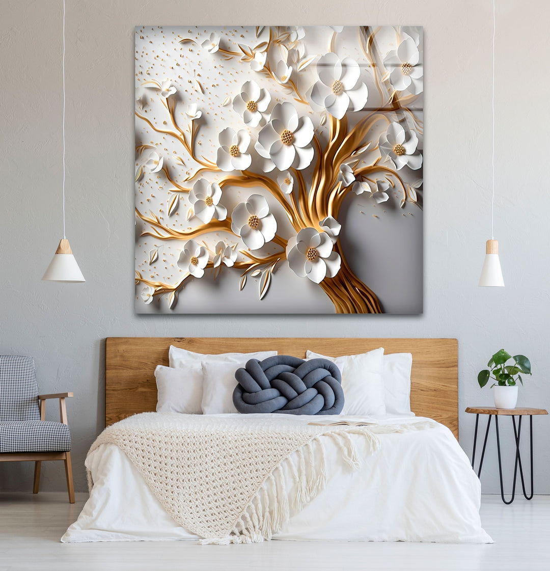 Gold and White Flower Tree Glass Wall Art glass wall decor, glass wall art decor
