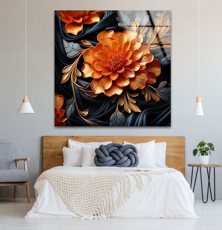 Botanical Orange & Blue Flower Glass Wall Art art glass wall art, glass wall art pictures
