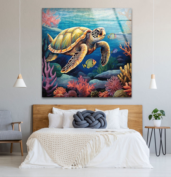 Sea Turtle Puzzle Glass Wall Art print on glass, glass printed photos
