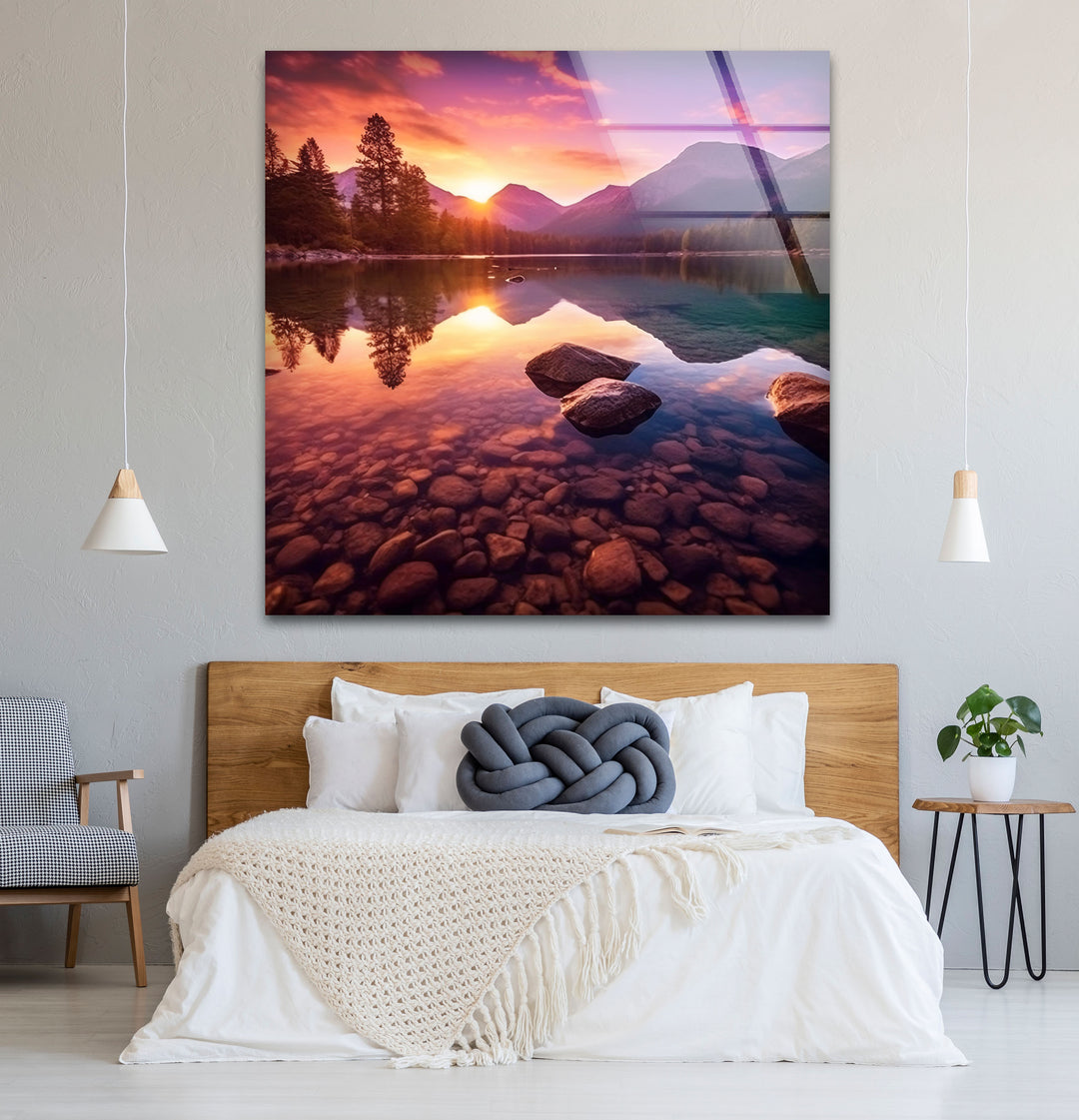 Bergsee Sonnenuntergang Wandkunst – Ruhige Natur Glas Landschaft Dekor