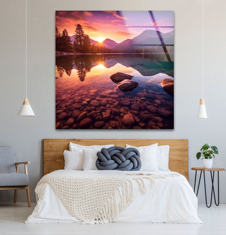 Bergsee Sonnenuntergang Wandkunst – Ruhige Natur Glas Landschaft Dekor