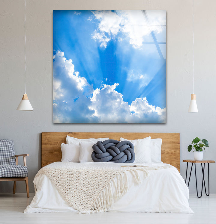Heavenly Sky Light Rays Wall Art – Blue Cloudscape Glass Print for Uplifting Decor