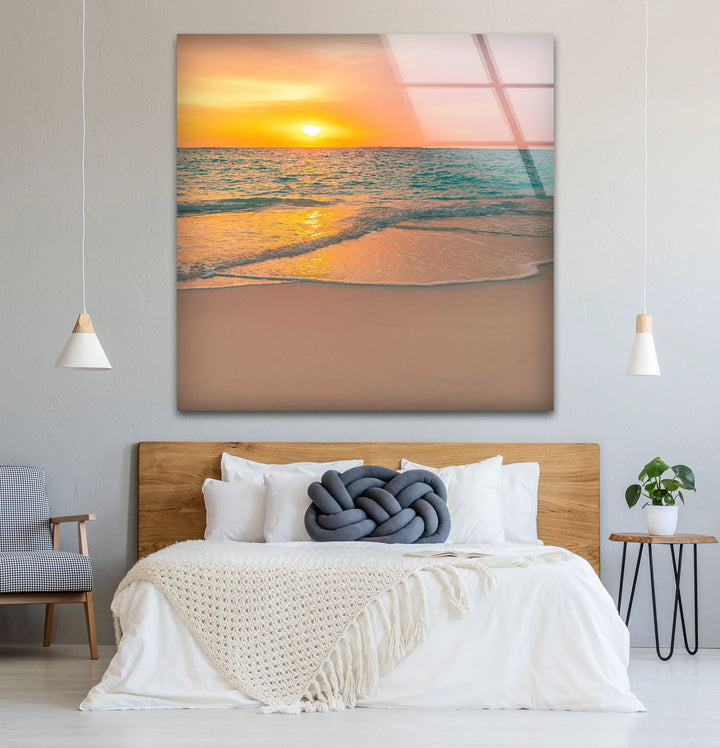 Tranquil Sunset Beach Wall Art – Coastal Ocean Waves with Soft Orange Glow - MyPhotoStation