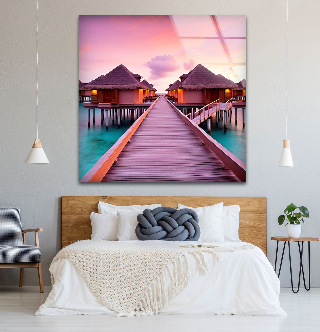 Maldives Sunset Resort Wall Art – Tropical Overwater Bungalows Glass Print Decor
