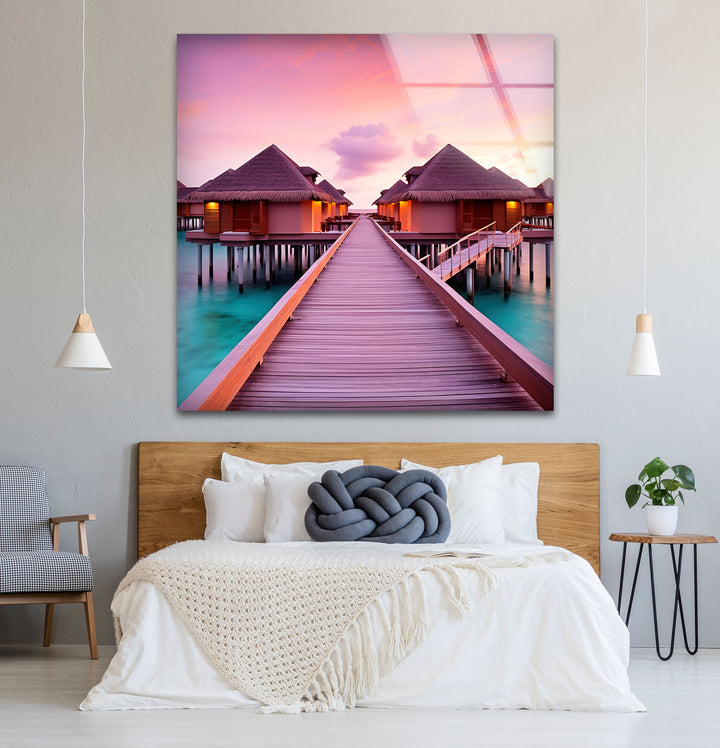 Maldives Sunset Resort Wall Art – Tropical Overwater Bungalows Glass Print Decor