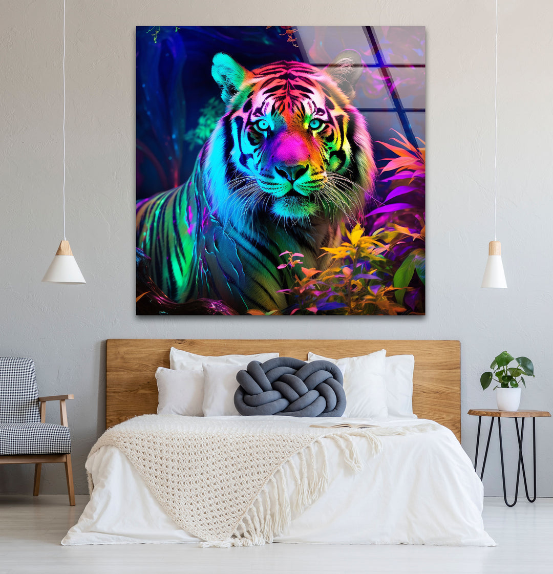 Neon Jungle Tiger Wandkunst – Lebendiger Wildlife-Glasdruck für mutige Innenräume