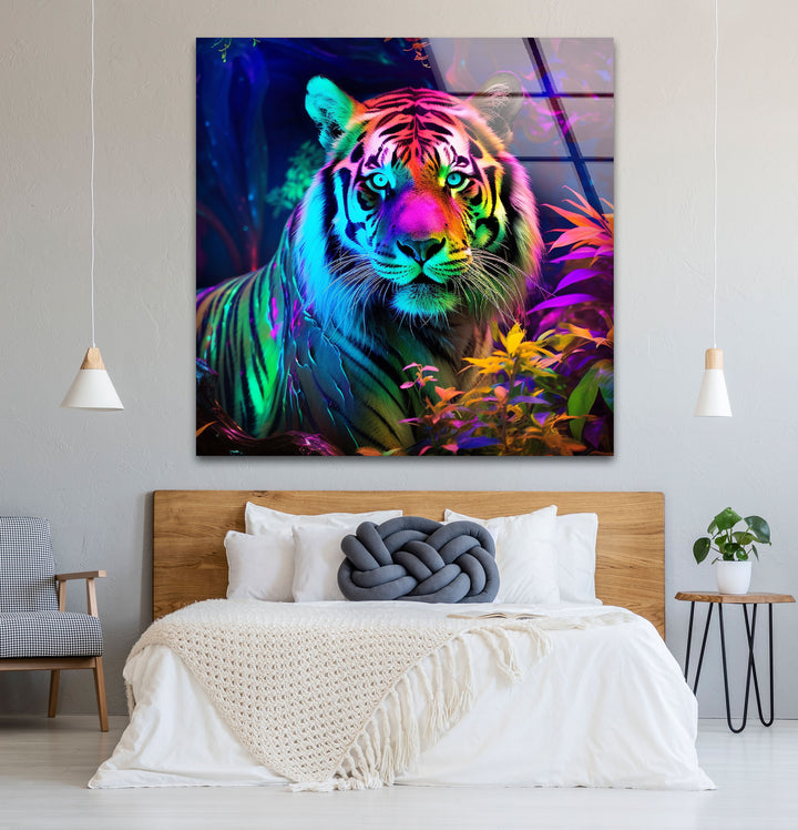 Neon Jungle Tiger Wandkunst – Lebendiger Wildlife-Glasdruck für mutige Innenräume