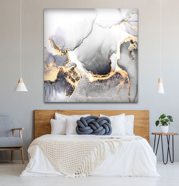 Monochrome Marble Glass Wall Art – Black White & Gold Luxury Abstract Print