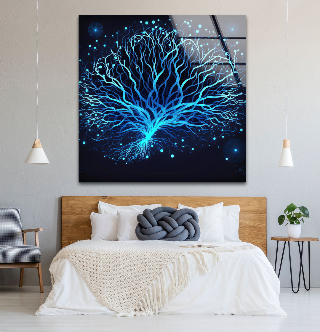 Neural Tree Wandkunst – Futuristischer blauer Nervenmuster-Glasdruck für elegante Innenräume