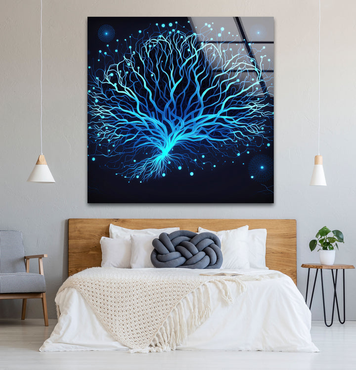 Neural Tree Wandkunst – Futuristischer blauer Nervenmuster-Glasdruck für elegante Innenräume
