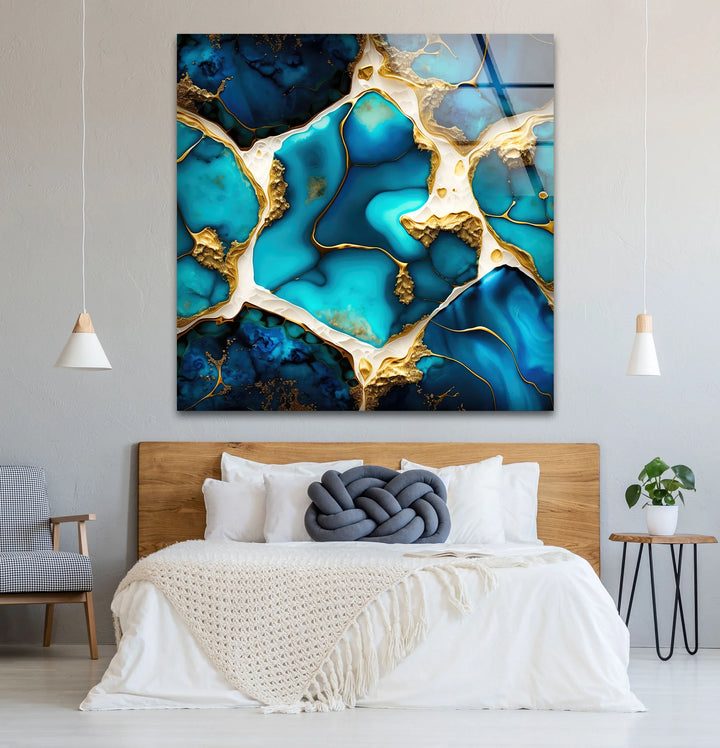 Turquoise Gold Abstract Wall Art – Luxurious Glass Print for Modern Interiors - MyPhotoStation