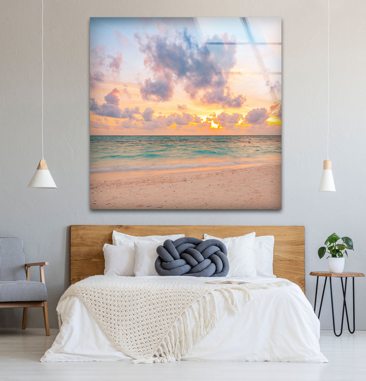 Pastel Beach Sunset Wall Art – Tranquil Ocean Shoreline Glass Print for Calm Spaces