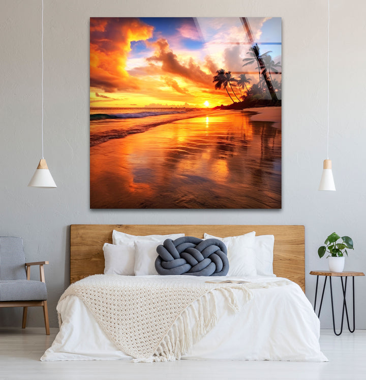 Fiery Tropical Sunset Wall Art – Vibrant Beach Reflection Glass Print for Bold Interiors