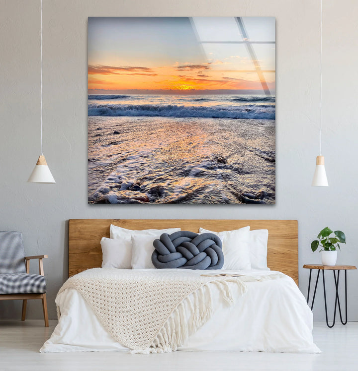 Golden Horizon Ocean Wall Art – Peaceful Sunset Beach Scene Glass Print - MyPhotoStation