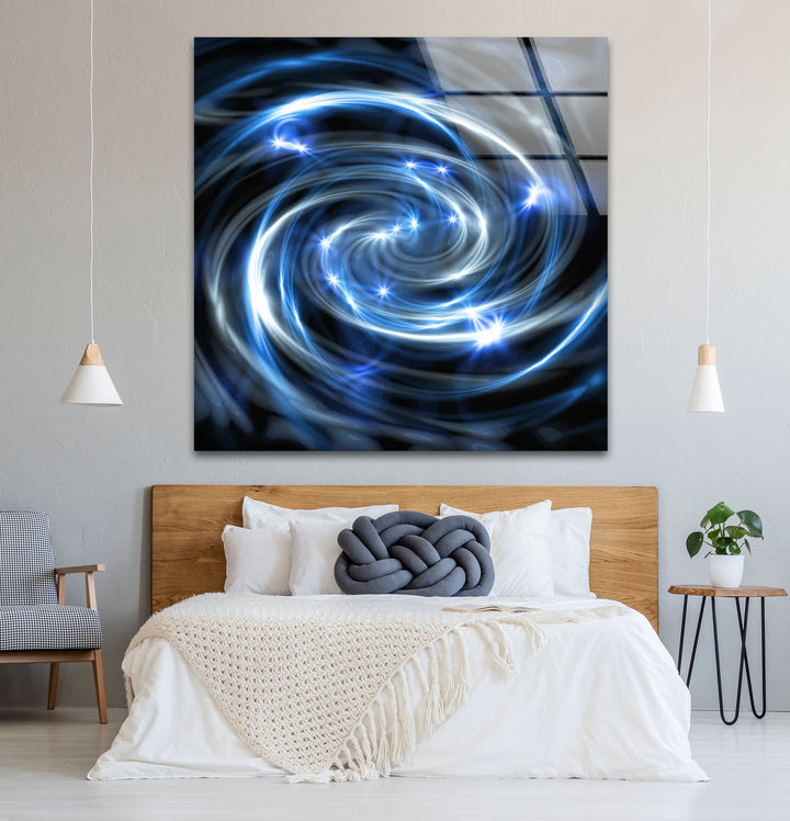 Spiralgalaxie-Wandkunst aus Glas – Blauer kosmischer Wirbel mit Sternenexplosionen