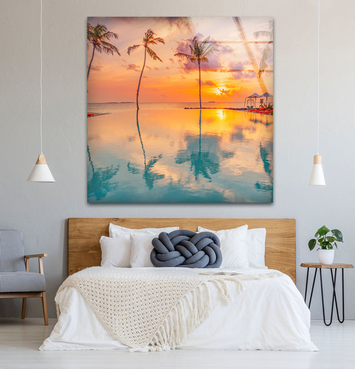 Luxury Tropical Sunset Wall Art – Infinity Pool & Palm Tree Glass Print for Coastal and Resort-Inspired Interiors