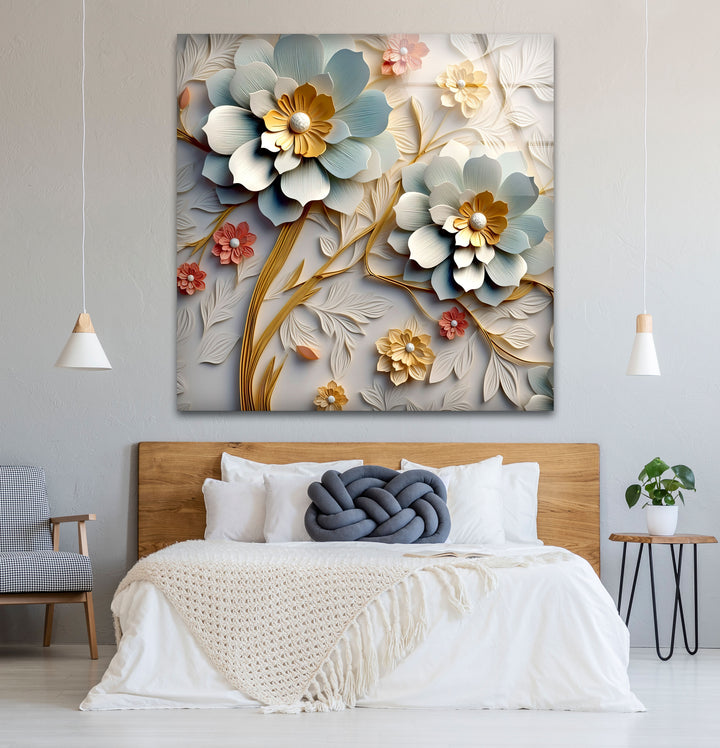 3D-Wandkunst mit blühenden Blumen – Eleganter Blumendruck aus geprägtem Glas 