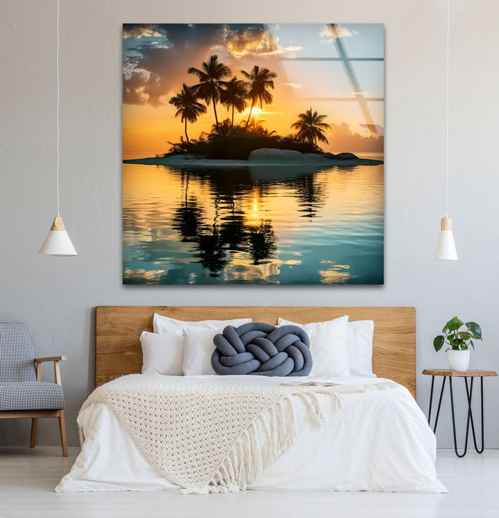 Tropical Island Sunset Wall Art – Serene Beach Glass Print for Relaxing Interiors