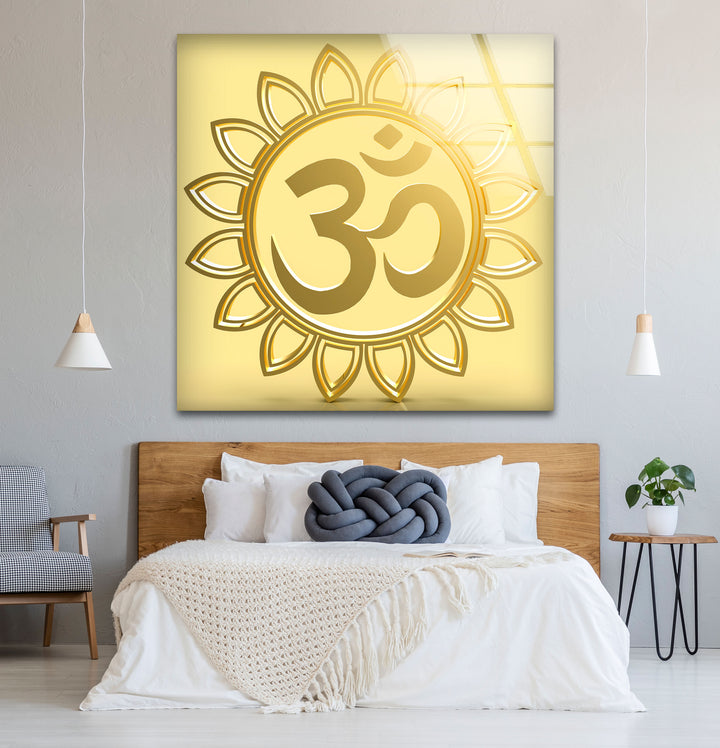Goldenes Om-Symbol Wandkunst – Spirituelles Hindu-Dekor Glasdruck