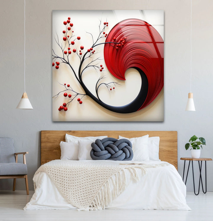 Red Abstract Botanical Wall Art – Modern Glass Decor with Cherry Elements - MyPhotoStation