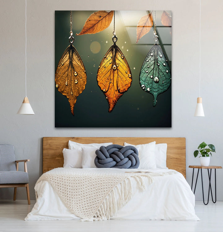Autumn Dew Leaf Wall Art – Elegant Nature-Inspired Print with Golden & Teal Hues - MyPhotoStation