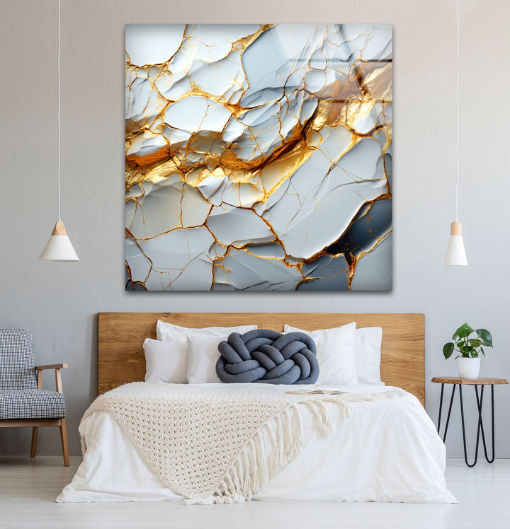 Golden Vein Marble Glass Wall Art – Luxury Abstract Stone Design for Modern Interiors