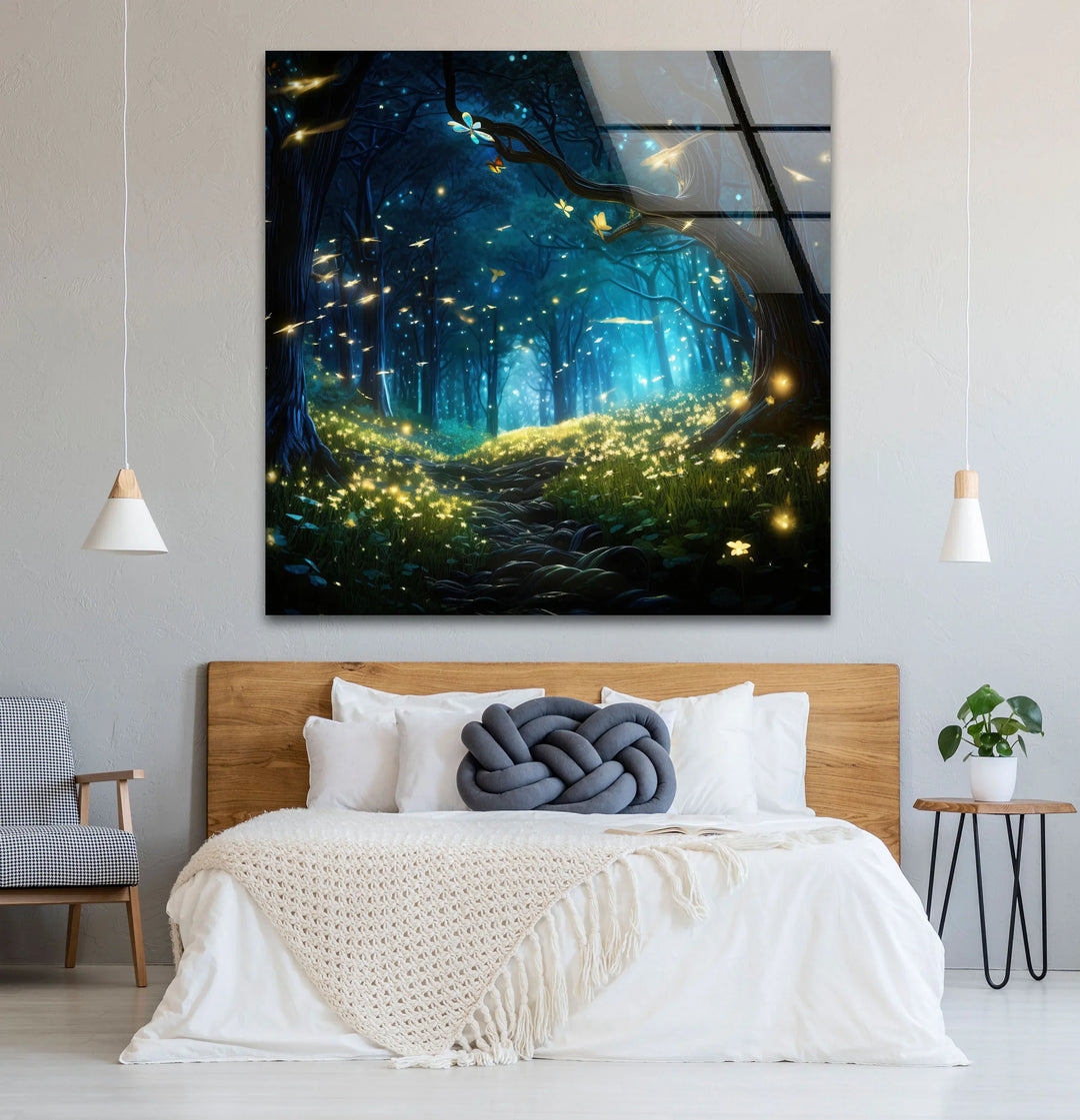Enchanted Firefly Forest Wall Art – Magical Night Path Glass Print for Fantasy Decor - MyPhotoStation