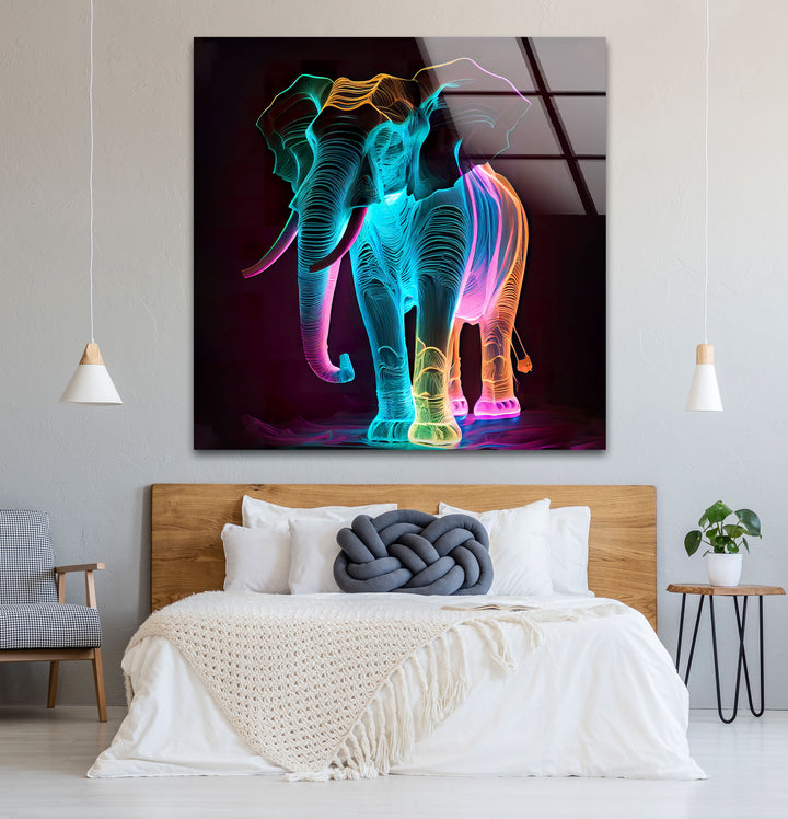 Neon Elephant Wall Art – Vibrant Abstract Animal Glass Print Decor