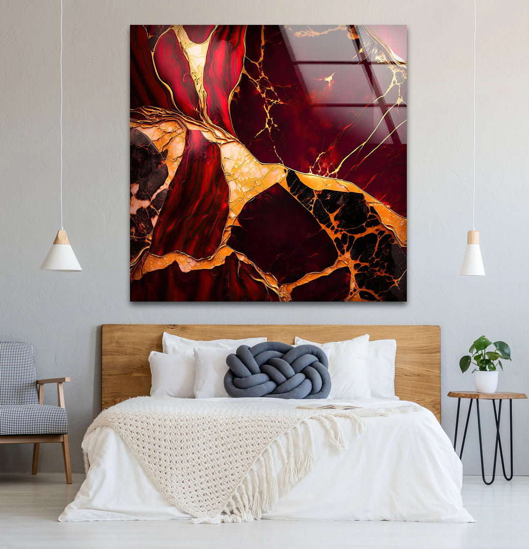 Red and Gold Marble Wall Art – Luxurious Crimson Glass Print with Cracked Vein Pattern for Bold Modern Interiors - MyPhotoStation