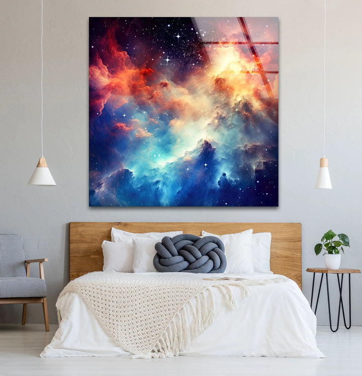 Nebula Galaxy Wall Art – Cosmic Cloud Glass Print with Vibrant Blue & Red Starburst for Futuristic Space-Inspired Decor - MyPhotoStation