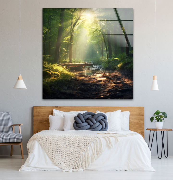 Sunlit Forest Stream Wall Art – Peaceful Nature Path Glass Print for Calming Decor