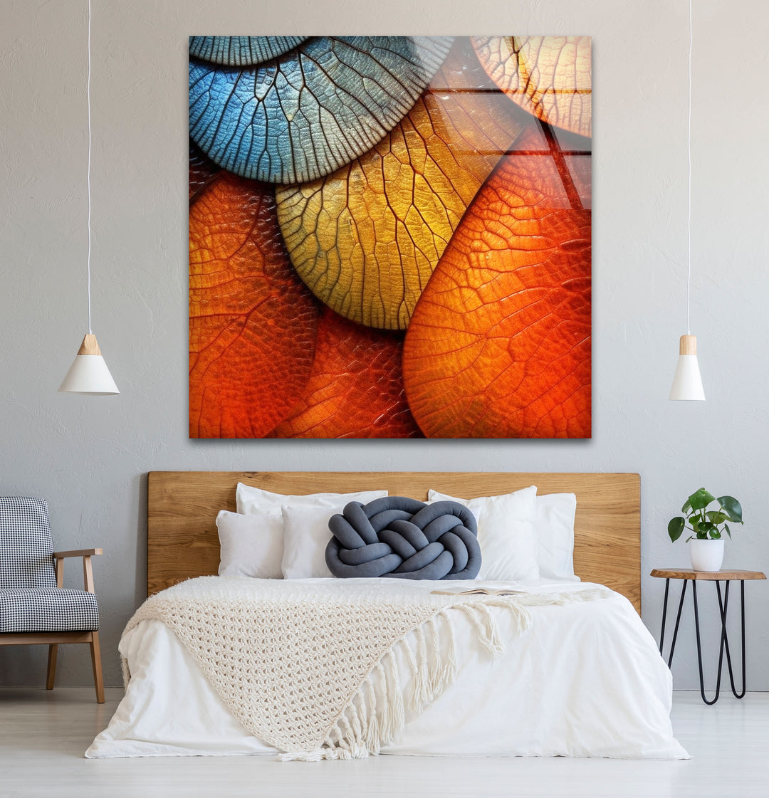 Bunte Blatttextur-Wandkunst – Abstrakter Natur-Glasdruck für moderne Innenräume