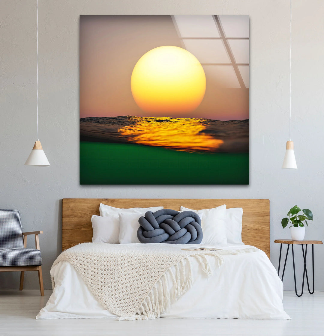 Golden Ocean Sunset Wall Art – Minimalist Sun over Water Glass Print for Modern Spaces - MyPhotoStation