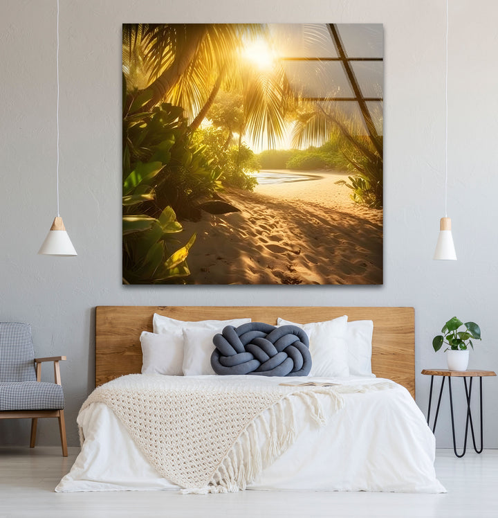 Golden Forest Beach Wall Art – Tropical Palm Tree Pathway Glass Print for Tranquil Nature-Inspired Decor