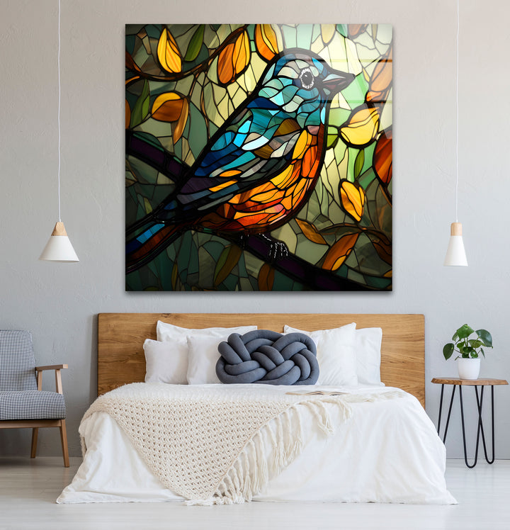Stained Glass Bird Wall Art – Colorful Songbird on Branch, Nature-Inspired Decor
