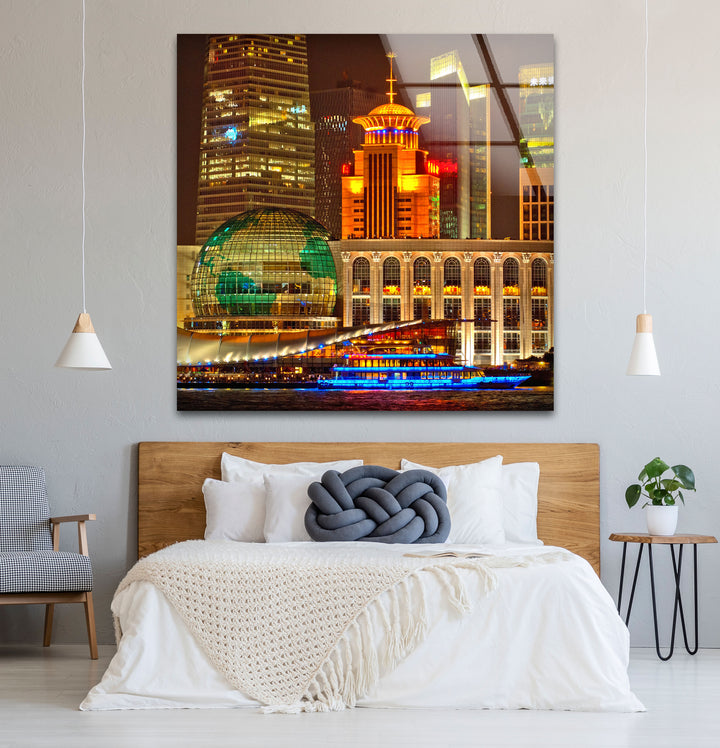 Shanghai Skyline Wall Art – Vibrant City Lights Glass Print for Modern Decor