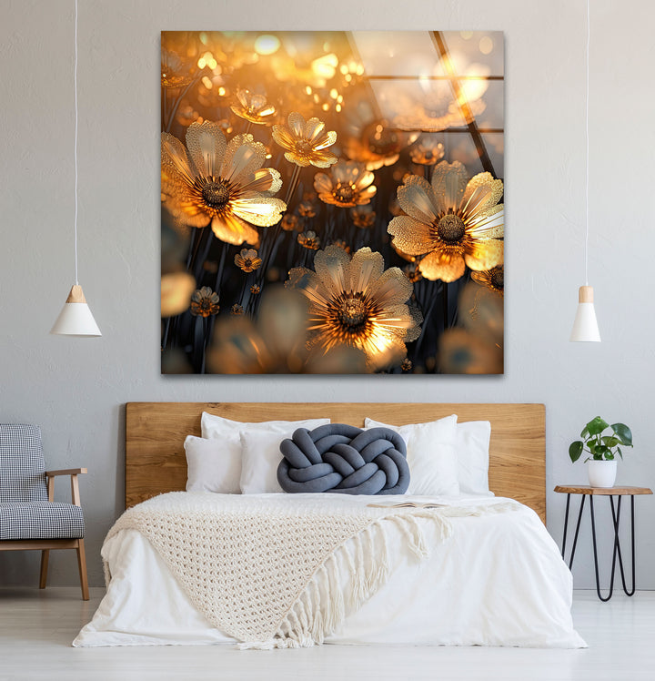 Goldene Gänseblümchenblüten-Wandkunst aus Glas – Strahlende florale Eleganz 