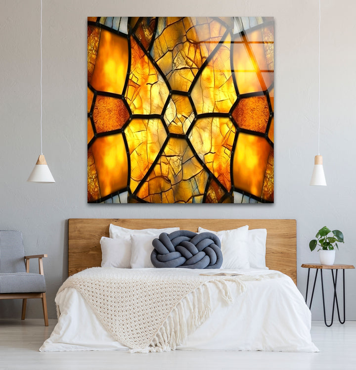 Golden Honeycomb Glass Wall Art – Amber Mosaic Geometric Decor
