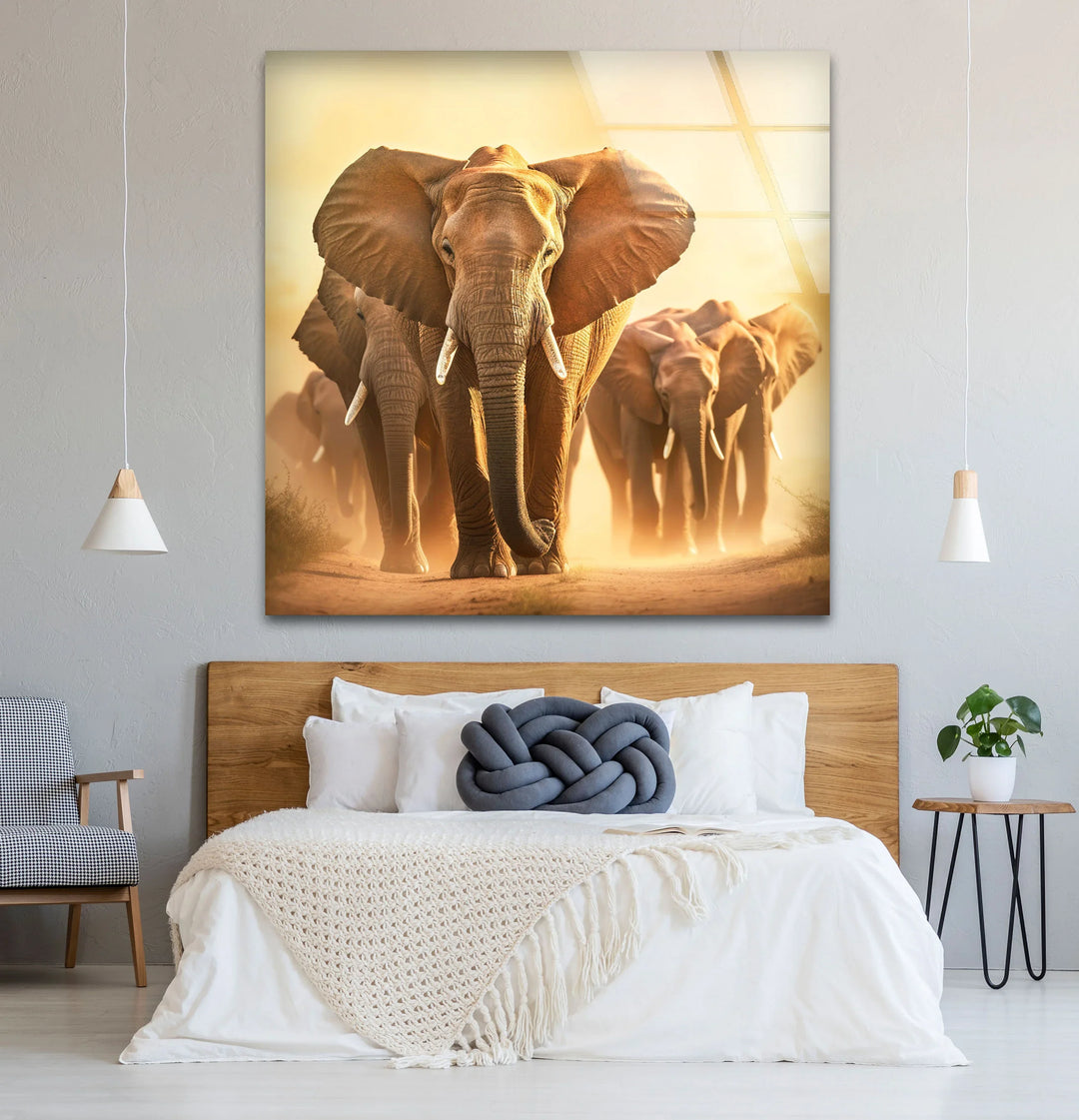 Elephant Herd Safari Wall Art – Majestic Wildlife Glass Print for Bold Natural Decor - MyPhotoStation